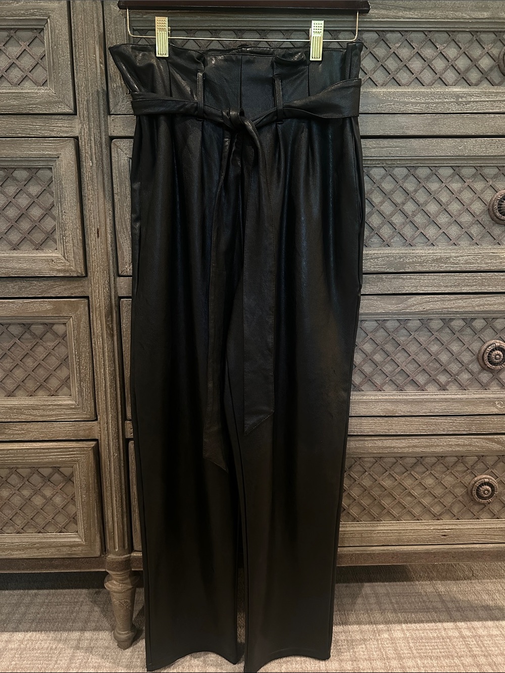Commando Black Faux Leather Paperbag High-Waist Pants with Self-Tie Belt - Picture 2 of 6